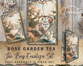 May include: A set of "Rose Garden Tea" tea bag envelopes with a vintage floral design. The envelopes feature a teacup, roses, and the text "Rose Garden Tea". The set includes 15 pieces and is easy to assemble.