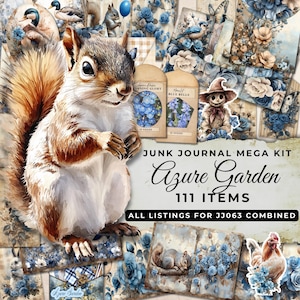 Kit de diario basura Azure Garden: 143 hojas florales imprimibles, etiquetas, efímeras, descarga digital, 28 x 21,5 cm, JJ063 **MEGA KIT**