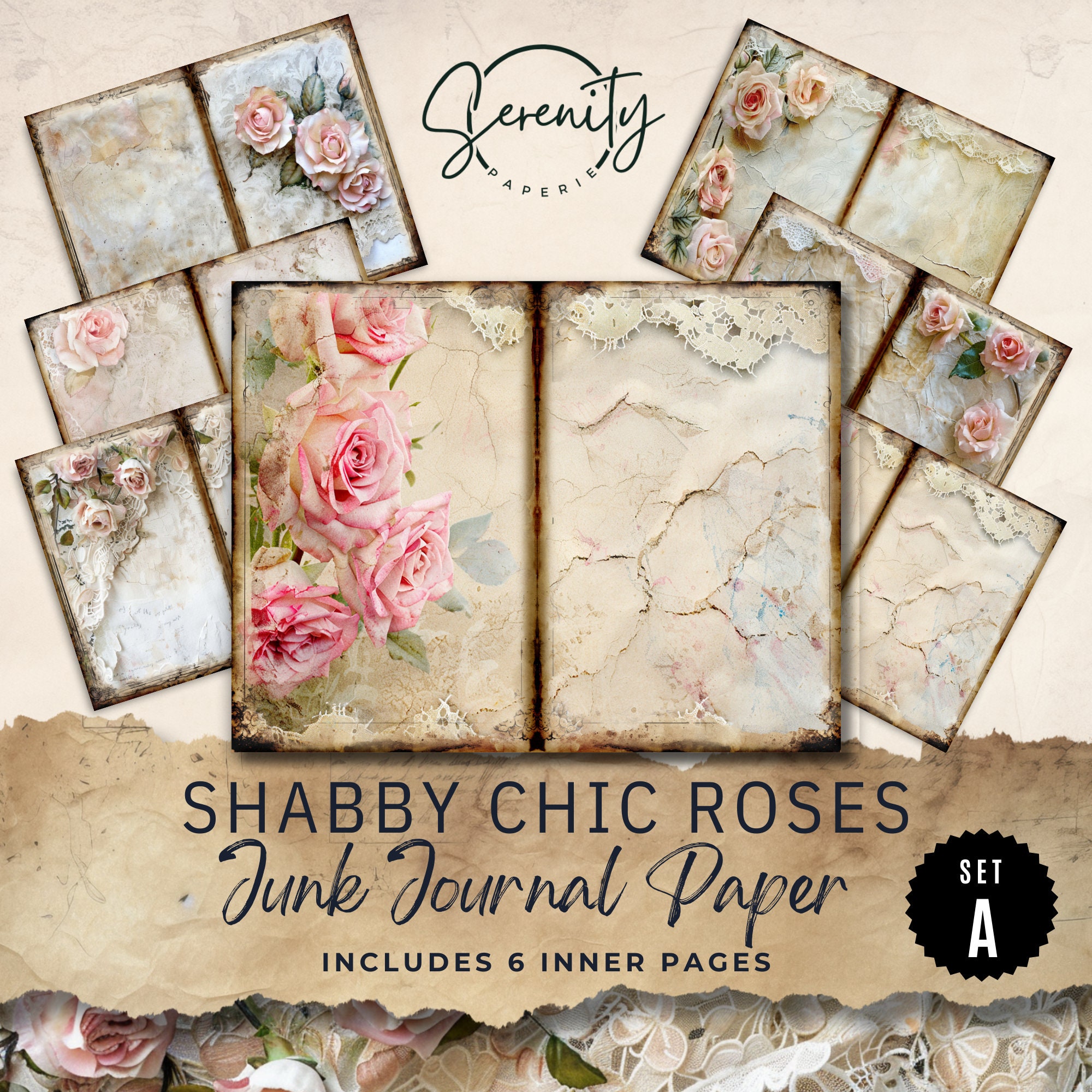 Shabby Chic Junk Journal Digital Paper, Floral 6 Digital Journal Pages ...