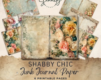 May include: Six printable pages of vintage floral scrapbook paper with a shabby chic aesthetic. The paper features a distressed background with floral patterns and a faded, vintage look.