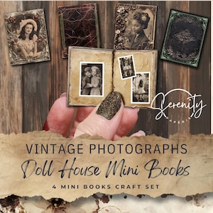 May include: A set of vintage dollhouse mini books and photographs. The set includes four mini books with sepia-toned photographs of people. The image also includes the text "Vintage Photographs Doll House Mini Books 4 Mini Books Craft Set."
