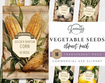 Paquete de imágenes prediseñadas de semillas vintage: 16 PNG, fondo transparente, imágenes prediseñadas de jardinería CA006