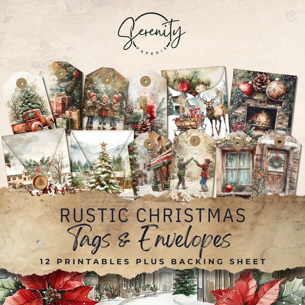 Etiquetas y sobres rústicos para diarios basura navideños, digitales, imprimibles, manualidades de papel, hojas de collage de 11 x 8,5 / JJ038