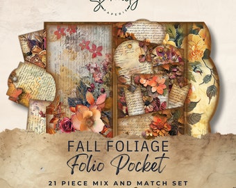 Fall Foliage Junk Journal Folio Printable, 21 Piece Mix & Match Pockets, Ephemera and Tags, Printable Paper Craft 11 x 8.5, JJ010