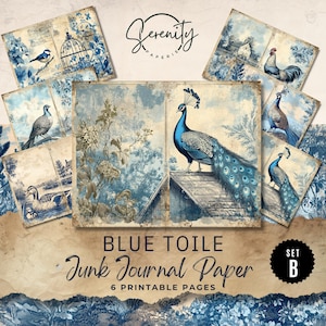 Blue Toile Junk Journal Digital Papers Printable Pages, 6 Digital Journal Pages, Ephemera Paper Craft, Collage Sheet 11 x 8.5, JJ022 Set B