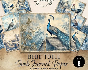 May include: A collection of six printable pages of "Blue Toile" junk journal paper. The pages feature illustrations of birds, a peacock, and floral designs in shades of blue and white. The paper has a vintage, distressed look.