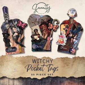 May include: A set of three witchy pocket tags featuring illustrations of witches, butterflies, and other magical elements. The tags are labelled "Blaise", "Deira", and "Fiona". The text "Witchy Pocket Tags 55 Piece Set" is printed below the tags.