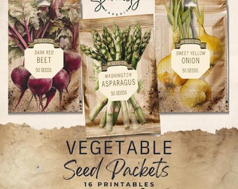 Paquete de semillas vintage efímeras para diarios basura - Etiquetas imprimibles de flores y verduras, kit de manualidades, 28 x 21,5 cm, descarga digital - JJ056