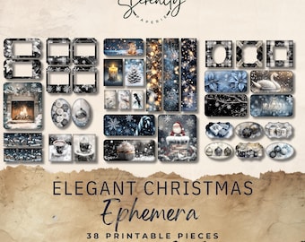 Tarjetas efímeras elegantes para diario basura de Navidad, paquete de 38 miniextras, efímeras imprimibles, manualidades de papel, hoja de collage de 11 x 8,5, JJ042