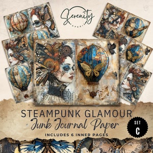 Steampunk Glamour 6 páginas de diario digital, efímera imprimible, artesanía en papel, hoja de collage 11 x 8,5, JJ002C