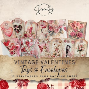 Valentines Junk Journal Tags and Envelopes, Digital, Printable Ephemera, Paper Craft, Collage Sheet 11 x 8.5 | JJ049
