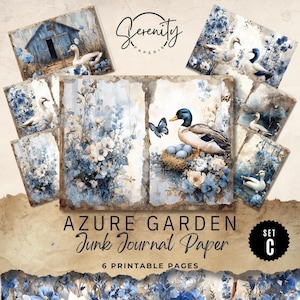 Páginas imprimíveis do diário de sucata Azure Garden, itens vintage para scrapbooking, download digital para diversão com artesanato, 11 x 8,5, JJ063 Conjunto C