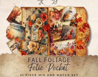 Fall Folio Junk Journal Printable, 21 Piece Mix & Match Pockets, Ephemera and Tags, Printable Paper Craft 11 x 8.5, JJ016