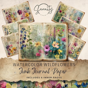 Papel digital de aquarela de flores silvestres Junk Journal, floral 6 páginas de diário digital, coisas efêmeras imprimíveis, colagem, folha 11 x 8,5, JJ009