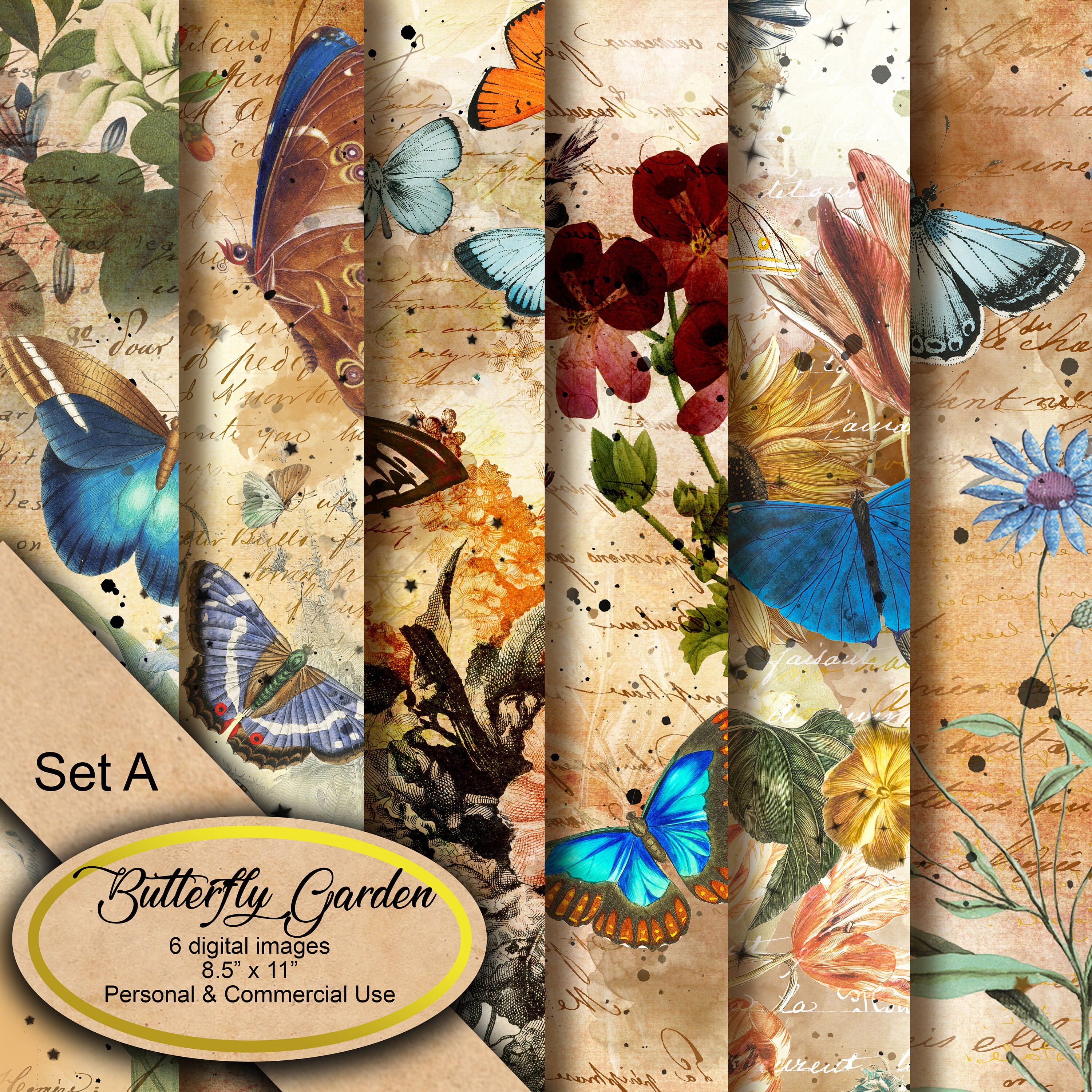 Butterfly Gardens Digital Vintage Floral Scrapbook Papers 8.5"x1…