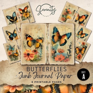 Butterflies Junk Journal Paper, Floral 6 Digital Journal Pages, Printable Ephemera, Paper Craft, Collage Sheet 11 x 8.5, JJ019A