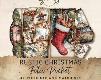 Christmas Junk Journal Kit Printable, 30-Piece Mix & Match Pockets, Ephemera and Tags, Rustic Holiday Scrapbooking 11 x 8.5, JJ038