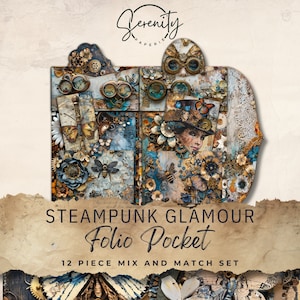 Steampunk Glamour Junk Journal Folio imprimibles, 12 piezas Mix & Match Pockets, Efímera imprimible, Hoja de collage 11 x 8.5, JJ002