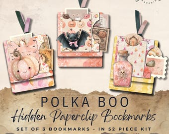Paperclip Bookmarks Set of 3, Printable Polka Boo Halloween Clip Pockets, Digital Junk Journal Ephemera 11x8.5, Instant Download JJ108