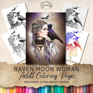 Raven Woman Adult Coloring Pages in Light, Dark, Sepia and Rainbow Digital Download