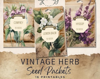 May include: Three vintage seed packets with illustrations of plants. The packets are labeled "Comfrey", "Lemon Balm", and "Hyssop". Each packet has a brown background with a white border and a white label with black text. The packets are for 50 seeds each.