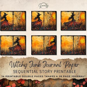 Könnte beinhalten: Sechs druckbare Seiten für Witchy Junk Journal Paper. Jede Seite zeigt eine Aquarellillustration einer Hexe mit schwarzem Hut und rotem Kleid vor einem orangefarbenen Sonnenuntergang. Der Text lautet "Witchy Junk Journal Paper" und "Sequential Story Printable".
