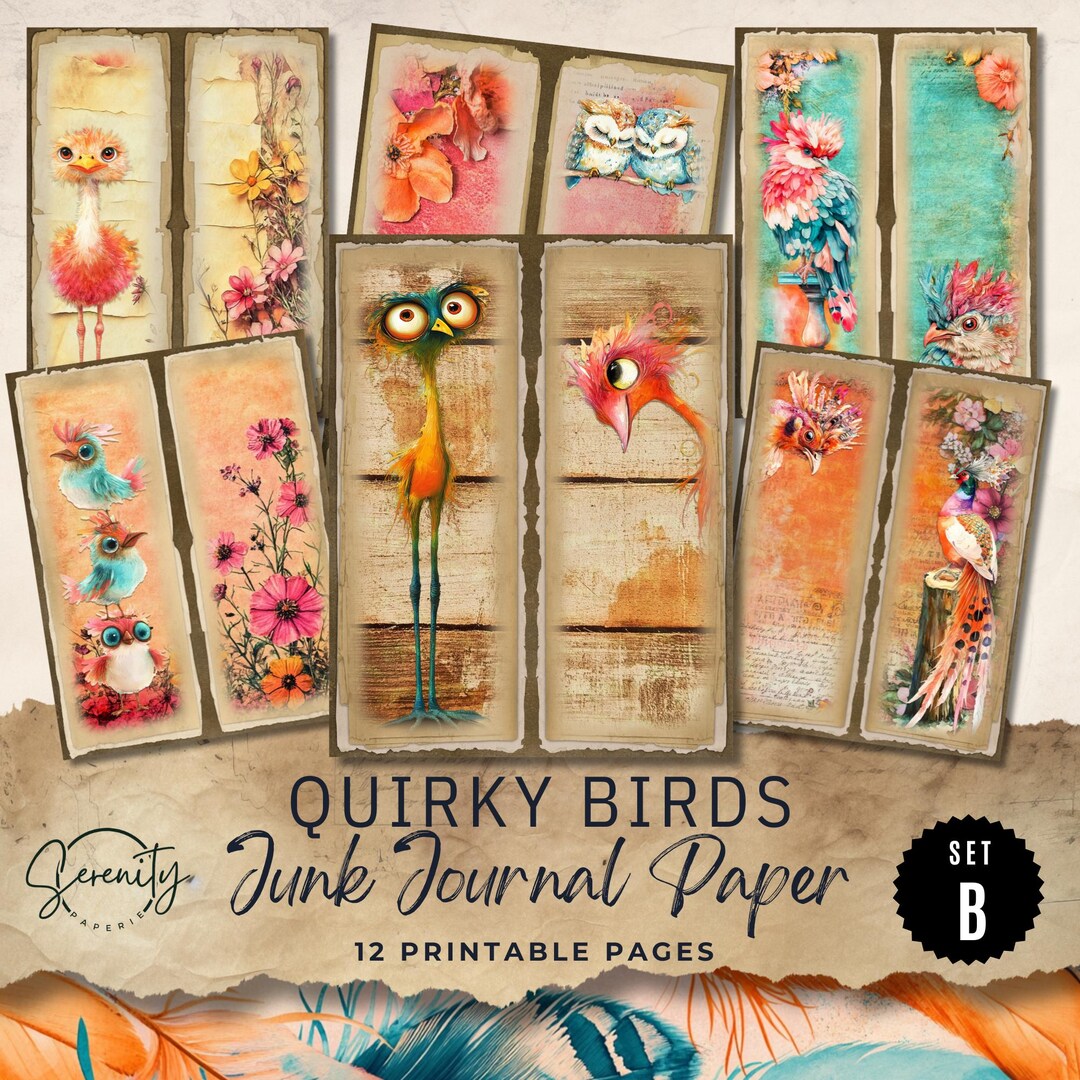 Quirky Bird Junk Journal Digital Papers Printable Pages, 6 Digital ...