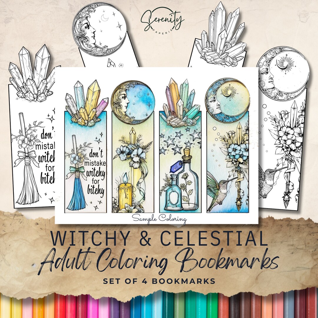 4 Witchy and Celestial Unique Bookmarks for Adult Coloring Pages ...