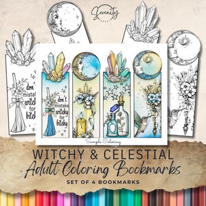 May include: Set of four printable bookmarks featuring a witchy and celestial theme. The bookmarks are black and white line drawings with a sample colouring page showing a hummingbird, crystals, a bottle, and a candle.