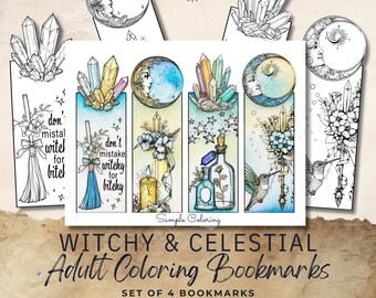 4 Witchy and Celestial Unique Bookmarks for Adult Coloring Pages Digital Download Printable Bookmarks