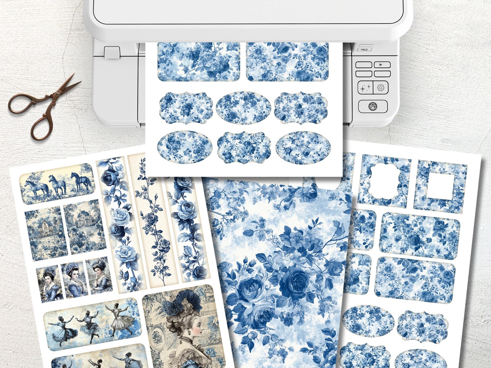 Blue Toile Junk Journal Ephemera Cards, 38 Mini Extras Pack, Printable ...