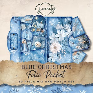 Blaues Weihnachten Junk Journal zum Ausdrucken, 30 Stück Mix & Match Taschen, Ephemera und Tags, printable Paper Craft 11 x 8.5, JJ034