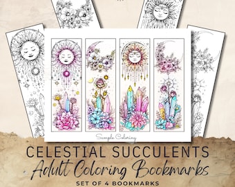 Celestial Succulents 4 Printable Coloring Bookmarks for Adult and Kids Coloring Pages Digital Download