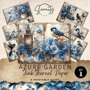 Páginas imprimíveis do diário de sucata Azure Garden, itens vintage para scrapbooking, download digital para diversão com artesanato, 11 x 8,5, JJ063, conjunto A