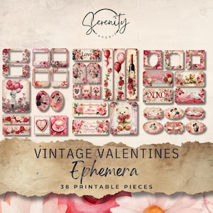 Vintage Valentines Junk Journal Ephemera Cards, 38 Mini Extras Pack, Printable Ephemera, Paper Craft, Collage Sheet 11 x 8.5, JJ049