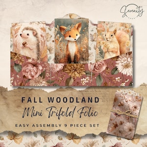 May include: A Fall Woodland mini trifold folio set with illustrations of a hedgehog, fox, and squirrel. The folio has a floral design with the text "Fall Woodland Mini Trifold Folio Easy Assembly 9 Piece Set". The Serenity Paperie logo is in the upper right corner.