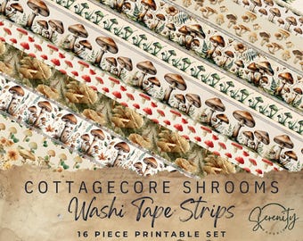 Fita Washi de Cogumelos para Imprimir: Adesivos Vintage Junk Journal (Download Digital de 8,5x11")