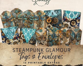 Steampunk Glamour Junk Journal Tags en mini-enveloppen, Digitaal, Afdrukbare ephemera, Paper Craft, collagevel 11 x 8,5 | JJ002: