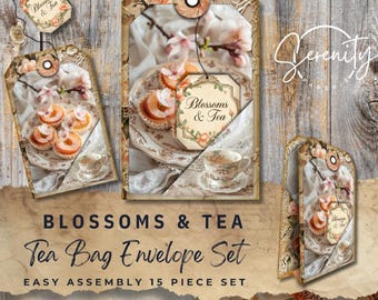 May include: A set of vintage-style tea bag envelopes with a floral and tea theme. The design includes tags with images of pastries, teacups, and the text "Blossoms & Tea". The set is labeled "Tea Bag Envelope Set" and "Easy Assembly 15 Piece Set".