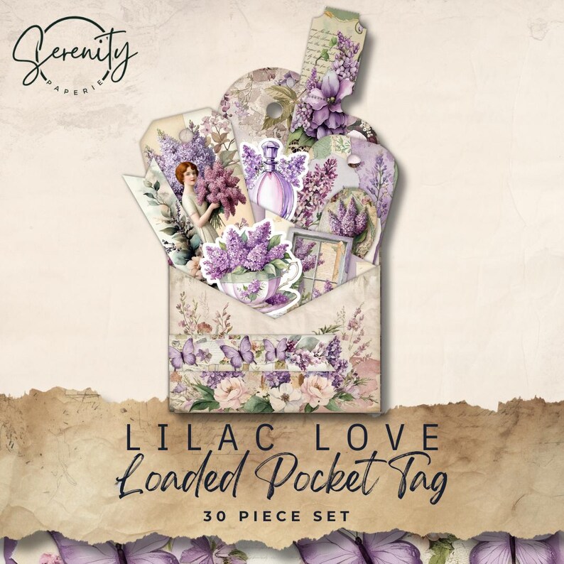 Loaded Tag Insert Loaded Tag Printable, Vintage Lovely Lilacs Junk Journal Folio, Purple ...