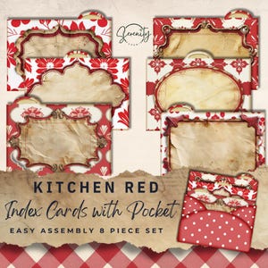 Puede incluir: Un conjunto de ocho tarjetas de índice con bolsillos, con un patrón floral rojo y blanco. Las tarjetas tienen una estética vintage con inserciones de papel envejecido y marcos decorativos. El texto "Kitchen Red" y "Index Cards with Pocket" es visible.