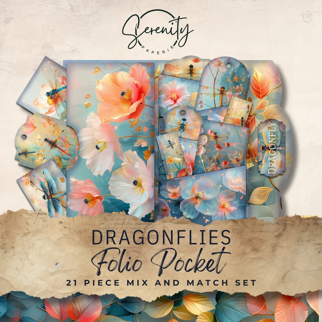 Junk Journal Folio Dragonfly Printable, 21 Piece Mix & Match Pockets ...