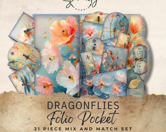 May include: A set of 21 digital paper scrapbook elements featuring dragonflies, flowers, and a blue and gold background. The text "Dragonflies Folio Pocket 21 Piece Mix and Match Set" is included in the image.