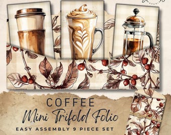 Peut inclure: Un ensemble de mini folio à trois volets sur le thème du café, avec des illustrations à l'aquarelle. L'ensemble comprend des images de boissons au café, d'une cafetière et de grains de café. Le texte sur le folio indique "COFFEE Mini Trifold Folio EASY ASSEMBLY 9 PIECE SET".