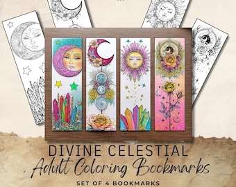 4 Printable Coloring Bookmarks Divine Celestial Bookmark for Adult and Kids Coloring Pages Digital Download