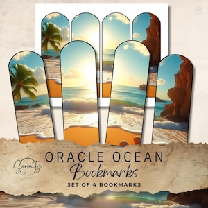 Puede incluir: Conjunto de cuatro marcapáginas con temática oceánica que presentan una escena de playa con palmeras, olas y una puesta de sol. Los marcapáginas están impresos sobre un fondo blanco con un borde negro.