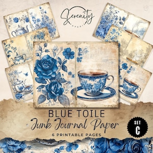 Blue Toile Junk Journal Digital Papers Printable Pages, 6 Digital Journal Pages, Ephemera Paper Craft, Collage Sheet 11 x 8.5, JJ022 Set C