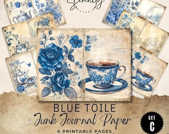 May include: Six printable pages of blue toile junk journal paper featuring a teacup and saucer, roses, and vintage text. The paper is perfect for adding a touch of vintage charm to your projects.