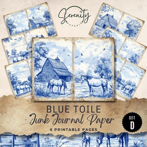 Blue Toile Junk Journal Digital Papers Printable Pages, 6 Digital Journal Pages, Ephemera Paper Craft, Collage Sheet 11 x 8.5, JJ022 Set D