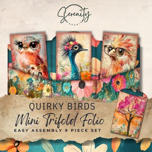 Quirky Birds Junk Journal Folio Trifold - Vintage Ephemera - Digital Download - Shabby Chic Scrapbook Pages 11 x 8.5, JJ046